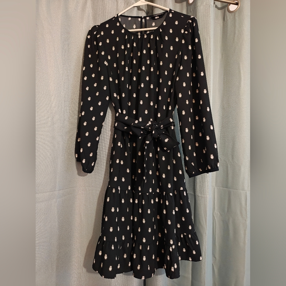 Kate Spade Navy and White Owl Print Dress Dropped Waist With Ruffle Size Medium